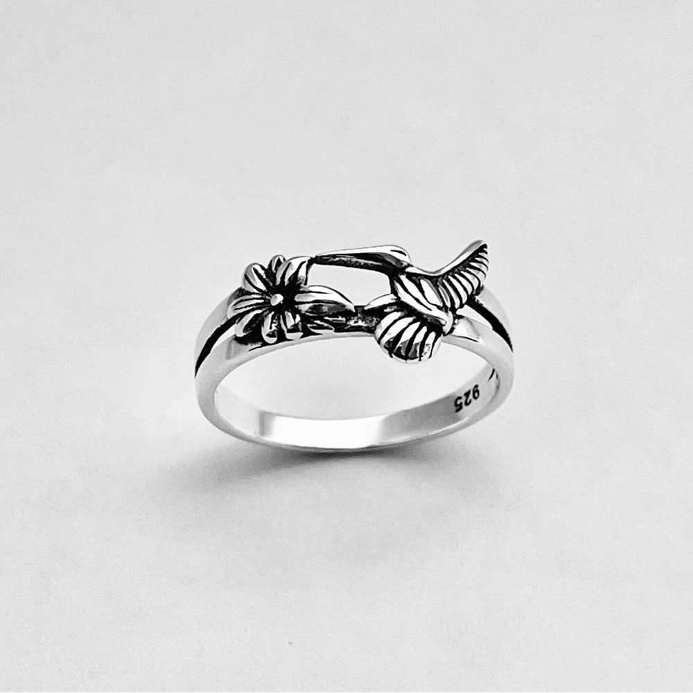 Sterling Silver Flower and Hummingbird Ring, Bird Ring, Silver Rings, Animals